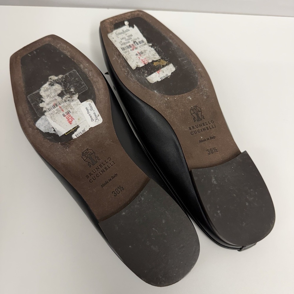 Brunello Cucinelli Leather & Sheepskin Mules Shoes Black Monili Bows 38 1/2 8.5B - Picture 9 of 11
